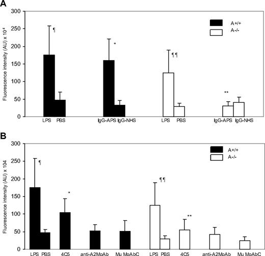 Figure 6. Aortic VCAM-1 expression in A2−/− and A2+/+ mice treated with IgG-APS. A2−/− or A2+/+ mice were treated with either IgG-APS, IgG-NHS, LPS, or PBS, as described in “Determination of endothelial VCAM-1 expression in en face preparations of mouse aoura using quautum dot bioconjugates and α-photon excitation laser-scanning microscopy.” VCAM-1 expression was determined by immunostaining using a specific quantum dot bioconjugate, and quantified after examination using a dual photon laser confocal microscope. Fluorescence intensity in AU (mean ± SD; n = 10 images/mouse and 2 mice/group). ¶Statistically different from A2+/+ treated with PBS (P = .001). ¶¶Statistically different from A2−/− treated with PBS (P = .017). *Statistically different from A2+/+ mice treated with IgG-NHS (A; P = .001) or MuMoAbC (B; P = .001). **Statistically different from A2+/+ mice treated with IgG-APS (A; P = .001) or 4C5 (B; P = .017).