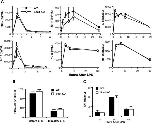 Figure 2. Endotoxemic WT and Sdc1−/− mice show similar systemic inflammatory and hemostatic responses. Mice were injected with LPS, and (A) serum levels of TNFα, IL-1β, IL-6, IL-10, KC, and MIP-2 were determined by ELISA at the indicated times after LPS (n = 5), (B) circulating platelets were measured by CBC analysis before and 48 hours after LPS (n = 3; Bayer Advia 120 hematology analyzer), and (C) plasma TAT levels were determined by ELISA at the indicated times after LPS (n = 4). Error bars indicate SE.