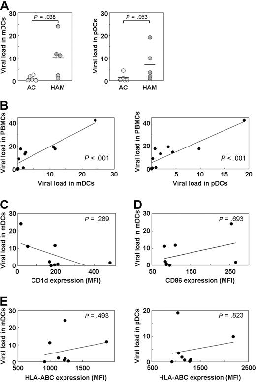 Figure 4. Increased HTLV-1 proviral load in DCs of HAM/TSP patients not associated with CD1d expression level. (A) The HTLV-1 proviral load was higher in mDCs (P = .038) and pDCs (P = .053) of HAM/TSP patients (n = 5) than in those of ACs (n = 5). The Mann-Whitney U test was used for statistical analysis. (B) Correlation analysis of the proviral load in PBMCs of HTLV-1–infected persons (5 ACs and 5 HAM/TSP patients) and that in mDCs (P < .001) and pDCs (P < .001) using Spearman rank correlation test. (C-E) No correlation was found between the proviral load in mDCs or pDCs of HTLV-1–infected persons (3 ACs and 5 HAM/TSP patients) and the expression level of CD1d on mDCs (P = .289; C), CD86 on mDCs (P = .693; D), and HLA-ABC on mDCs (P = .493) and pDCs (P = .823; E) by Spearman rank correlation test.