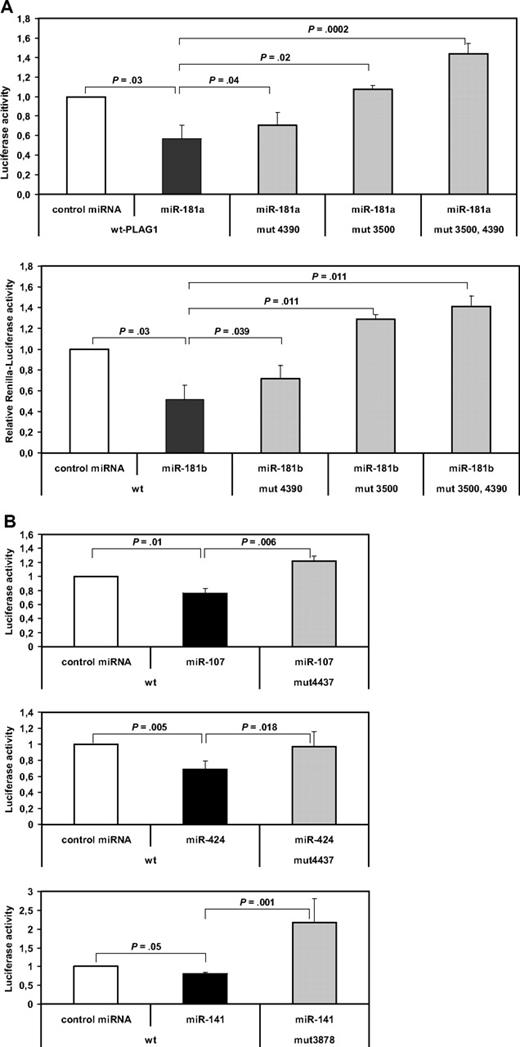 Figure 4. miRNA reporter assay of PLAG1-miRNA interaction. PLAG1-3′UTR was cloned to pIS1-vector containing a Renilla luciferase construct. PLAG1-3′UTR construct was cotransfected with pIS0 firefly luciferase control vector into HEK-293 cells (n = 5). For detection of miRNA binding, synthetic miRNAs were cotransfected as indicated. miR-181a, -181b, -424, and -107 are demonstrated to significantly reduce luciferase activity via PLAG1-3′UTR interaction. Specificity of miRNA-PLAG1 interaction was proven by site-directed mutagenesis of miRNA-binding sites in PLAG1 3′UTR. Concerning the miR-181 family, 2 binding sites were mutated, revealing abrogated inhibitory effects of miR-181a and -181b.