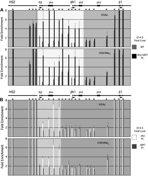 Figure 5. Histone modifications within the β-globin locus in definitive erythroid cells from mice harboring deletions of the ϵy- and/or βh1-globin gene promoters. (A) Enrichments for H3Ac (top) and H3K4 dimethyl (bottom) at the indicated locations within the β-globin locus in E14.5 fetal liver from wild-type and Δϵy/Δβh1 Pr. mice. (B) Enrichments for H3Ac (top) and H3K4 dimethyl (bottom) at the indicated locations within the β-globin locus in E14.5 fetal liver from Δϵy Pr. and Δβh1 Pr. mice. The locus is shown to scale above the bar graphs as before, with the promoter deletions indicated by gray brackets. The more lightly shaded portions of the graphs in panels A and B represent regions in which a significant difference in histone modification levels between erythroid cells derived from wild-type and the promoter deletion mice is evident.