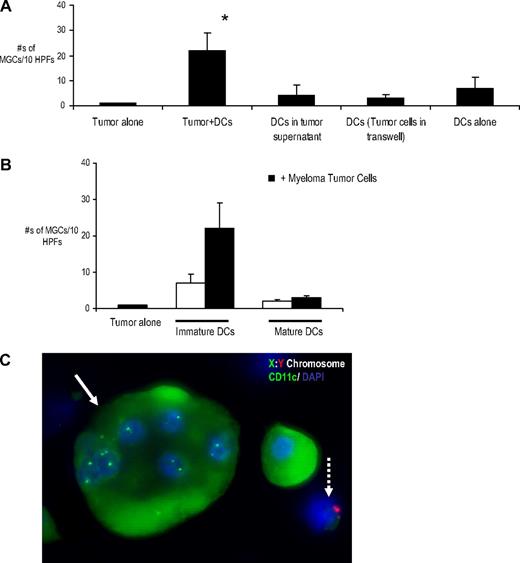 Figure 3. Mechanism of myeloma-mediated MGC formation. (A) Cell-cell contact dependency. Myeloma cells (U266) were cultured in methylcellulose cultures with DCs as in Figure 1. DCs were either plated with U266 or separated from tumor cells by a Transwell insert. In addition, DCs also were cultured in the presence of supernatant from the myeloma cell line (U266). Cells were harvested onto slides after an incubation of 2 weeks to be stained (CD138, CD11c, and DAPI) and MGC enumeration. MGCs were counted in 10 random high-power fields (HPFs). Data are representative of 3 different experiments. *P < .05. (B) Myeloma cells (U266) were cultured with immature DCs or LPS-matured DCs in methylcellulose cultures. Immature DCs alone and mature DCs alone were used as the controls. Cells were harvested for cytospins after an incubation of 2 weeks. Slides were acetone-fixed and stained for CD138, CD11c, and DAPI. MGCs were counted in 10 random HPFs. Results are the mean ± SEM of 3 separate experiments. *P < .05. (C) Combined immunofluorescence and FISH analysis of MGCs. U266 cells (male origin) were cocultured with iDCs (female origin) in methylcellulose cultures as described previously. After 2 weeks, cells were harvested onto cytospins and stained for CD11c (green) and X (green):Y(Red) chromosome. Shown is a representative CD11c+ MGCs with 6 nuclei, all with XX chromosomes (arrow). Note U266 cell with Y (red) chromosome (dotted arrow). Original magnification, ×100.