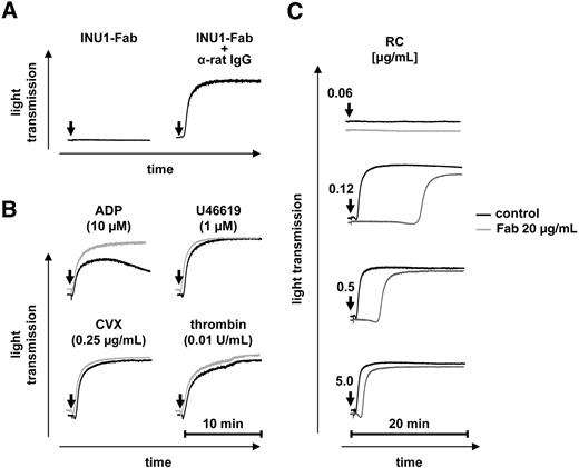 Figure 2. INU1-Fab partially inhibits CLEC-2 function in vitro. (A) INU1-Fab (20 μg/mL) induces aggregation of washed control platelets only when cross-linked (20 μg/mL anti–rat IgG). (B-C) Washed control platelets were incubated with vehicle (black) or INU1-Fab (20 μg/mL, gray) for 5 minutes at 37°C and then stimulated with the indicated agonists under stirring conditions. Light transmission was recorded on a Fibrintimer 4-channel aggregometer. The results are representative of 4 individual measurements.