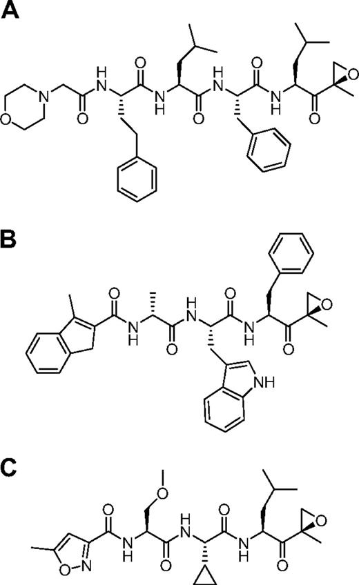 Figure 2. Chemical structures of PIs. (A) Carfilzomib. (B) IPSI. (C) CPSI.