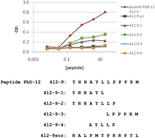 Figure 4. Binding of M-CLL mAb 412 to peptide 412-9 and its fragments. Fragments of peptide 412-9 were synthesized (peptides 412-9-1, -2, -3, -4; bottom) and tested for binding to CLL 412 mAb in ELISA. Peptide 412-9scr with a scrambled amino acid order was used as a negative control.