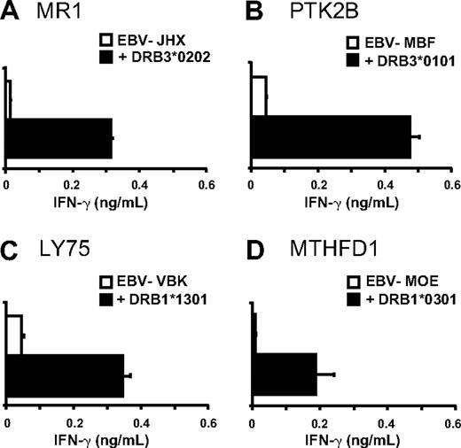 Figure 4. Identification of the HLA-DR restriction elements. All 4 HLA-DR alleles of the patient (HLA-DRB1*0301, -DRB1*1301, -DRB3*0101, and -DRB3*0202) were isolated and retrovirally transduced into mHag+ EBV-LCLs lacking the appropriate HLA-DR molecules. CD4+ T-cell clones were tested against nontransduced and HLA-DR–transduced EBV-LCLs in IFN-γ ELISA. (A) T-cell clone 62 recognized LB-MR1-1R in the context of HLA-DRB3*0202, (B) T-cell clone 78 recognized LB-PTK2B-1T in the context of HLA-DRB3*0101, (C) T-cell clone 80 recognized LB-LY75-1K in the context of HLA-DRB1*1301, and (D) T-cell clone 87 recognized LB-MTHFD1-1Q in the context of HLA-DRB1*0301. Mean release of IFN-γ (ng/mL) in 50-μL supernatants of duplicate wells is shown.