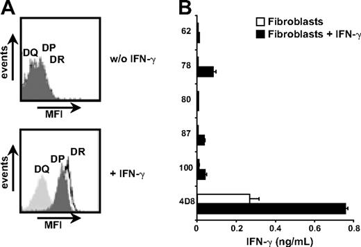 Figure 6. Fibroblast recognition by HLA-class II–restricted T cells. Primary fibroblasts of the patient were cultured with and without addition of 100 IU/mL IFN-γ. (A) Up-regulation of HLA-DR, -DQ, and -DP was measured by flow cytometry after 5 days of IFN-γ treatment. (B) T-cell recognition of pretreated and untreated fibroblasts was tested in an IFN-γ ELISA. A CD8+ T-cell clone (4D8) recognizing an unknown mHag in HLA-B8 served as positive control. Mean release of IFN-γ (ng/mL) in 50-μL supernatants of duplicate wells is shown.