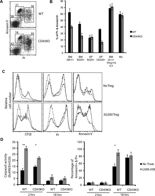 Figure 6. CD43 has an antiapoptotic function. (A) PI and annexin V staining of Gr-1+ cells purified from bone marrow cells of wt and CD43-deficient mice after 36-hour culture in RPMI without growth factors. (B) Data show percentage of live and nonapoptotic cells (PI−/annexin V−) in cultures of wt (■) and CD43-deficient (▩) cells; Gr-1+ cells purified from bone marrow (BM), B220+ cells purified from bone marrow and from spleen (SP), CD4+/CD8+ T cells purified from spleen, and macrophages (Mφ) cultured from bone marrow cells. Data for Gr-1+ and Mφ cells are shown after a 36-hour time point; B220+ and CD4/CD8+ cells are shown after a 16-hour time point, n = 3. (C) Purified CD4+ T cells from wt (dashed line) and CD43-deficient (solid line) mice were stained with CFSE and stimulated with ConA. FACS profiles show CFSE dilution, PI, and annexin V profiles of cultures without Treg (top panels) and with 30 000 Treg added (bottom panels) 3 days after mitogen stimulation. (D) Naive T cells maintained in RPMI without growth factors were treated with γ-secretase inhibitor (▩; L685,458) or vehicle control (■; No treatment). Induction of apoptosis was assessed by determination of caspase-3 activity or annexin V and PI staining 2 hours and 16 hours after initiation of culture conditions, respectively. n = 3; *P < .05 and **P < .01 (Student t test). Data are mean ± SD and are representative of at least 3 independent experiments.