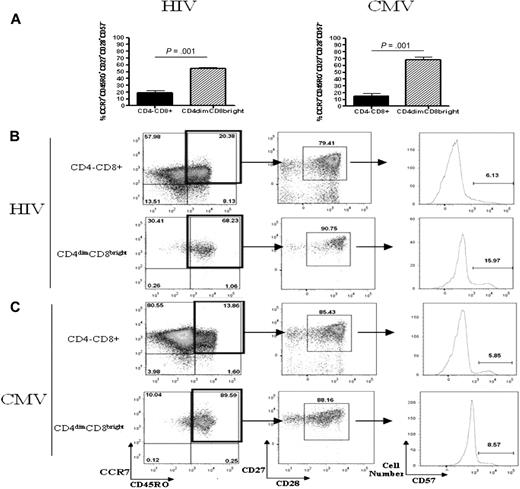 Figure 8. Most CD4dimCD8bright T cells are central memory T cells. (A) Cumulative data showing mean percentage of CD4−CD8+ (left) and CD4dimCD8bright (right) T cells, from HIV+ LTNP (A-B) and CMV+ (A,C) donors, that are central memory (CCR7+CD45RO+CD27+CD28+CD57−). (B-C) Representative dot plots showing raw percentages of CD4−CD8+ and CD4dimCD8bright T cells from HIV+ LTNP (B) and CMV+ (C) donors staining for memory-associated markers CCR7+CD45RO+ (left), then further gated CD27+CD28+ cells, and finally CD57+ cells. (D-G) Cumulative data (D,F) and representative flow dot plots (E,G) showing the proportion of CD4−CD8+ and CD4dimCD8bright T cells from HIV+ LTNP (D-E) and CMV+ (F-G) donor cells that are CFSEdim (decreased CFSE expression and, therefore, increased proliferation) in response to no treatment (UNT), respective peptide treatment (PEP), or SEB treatment. (A,D,F) Data are based on at least 3 donors + SD. P values between groups are indicated within the figure and based on 2-tailed paired t test analysis.