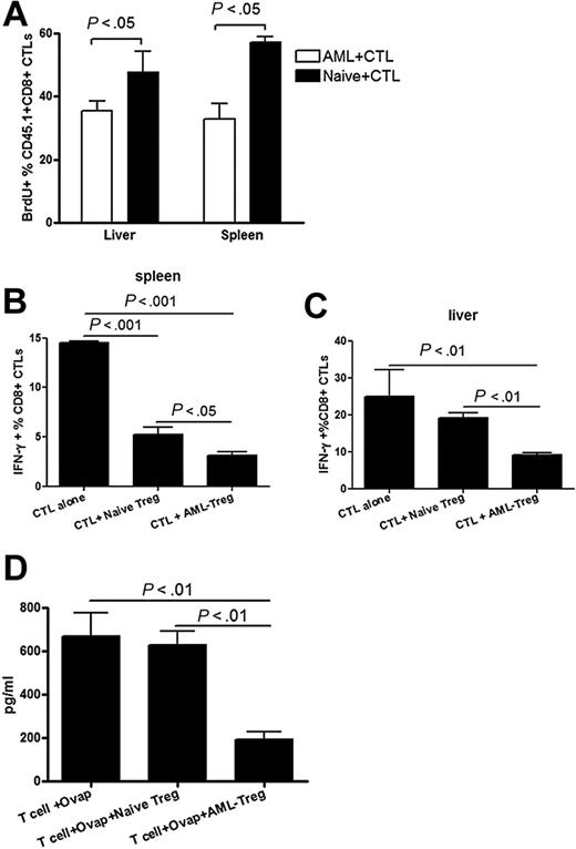 Figure 4. AML-associated Tregs reduced proliferation and IFN-γ secretion of adoptive transferred CTLs. (A) B6 mice were injected with 106 C1498FFDsR cells. Congenic B6-ly5.2 (CD45.1+) CTLs (30 × 106) were infused through an intravenous route 14 days after tumor injection or to naive mice. BrdU was added to the drinking water to track proliferation. Eighteen days after tumor injection, 4 mice per group were killed. Flow Cytometric Analysis (FACs) was done with liver leukocytes and splenocytes. Tumor-bearing mice had significantly reduced proliferation of CTLs compared with naive mice in the livers and spleens (P < .05). (B-C) CTLs (106) and Tregs (106) isolated from AML-bearing or naive mice were adoptively transferred to AML-bearing Rag−/− mice. Thirteen days after transfer, FACs was performed on splenocytes (B) and liver leukocytes (C). Cells were gated on CD8 expression for CTLs. Intracellular IFN-γ expression was measured on gated CTLs. Tregs from AML-bearing mice significantly reduced the percentage of IFN-γ–producing CTLs in the spleen and liver. (D) Tregs isolated from AML-bearing or naive mice were cocultured with OT I CD8+ T cells stimulated with SIINFEKL peptide (Ovap) for 6 days. Cell supernatant was harvested and the IFN-γ level was determined. Tregs from AML-bearing mice inhibited IFN-γ production by OT I CD8+ T cells (P < .01), whereas naive Tregs were not suppressive. Results from 1 of 2 representative experiments are shown. Error bars represent SD.