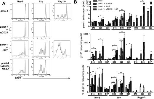Figure 5. High proliferation rates but low functionality of antigen-specific T cells in lymphopenic Rag1−/− hosts versus low proliferation but high functionality after Treg depletion plus or minus rhIL-7. (A) Representative CFSE profiles of pmel-1 T cells transferred into hosts with B16 melanoma treated as shown and gated using CD8/Thy1.1/Vβ13.1 on day 20 in schema shown in Figure 2A. Pmel-1 T cell transferred into Rag1−/− hosts show substantially increased numbers of cells with CFSE dilution compared with those transferred into lymphoreplete hosts. rhIL-7 increased pmel-1 proliferation in all groups. (B top panel) Absolute numbers of adoptively transferred pmel-1 T cells recovered from the TDLNs on day 20 of B16-bearing hosts treated as shown. Pmel-1 T cells were identified as per panel A. (Middle panel) Net number of cells producing IFN-γ in response to gp100 peptide, control Db126 peptide in groups, and at time points shown. (Bottom panel) Percentage of pmel-1 T cells producing IFN-γ in response to gp100 on day 20 calculated by dividing the number shown in the middle panel/total pmel-1 cells determined as per top panel. Thy-B (days 16, 20, and 27) and TXY (days 16 and 27) groups receiving αCD25 plus rhIL-7 show significantly higher IFN-γ production than Rag1−/− groups at the same time points. Results shown represent the mean ± SEM of the groups (n = 3-8/group), and consistent results were seen in 2 separate experiments. *P < .05. **P < .005.