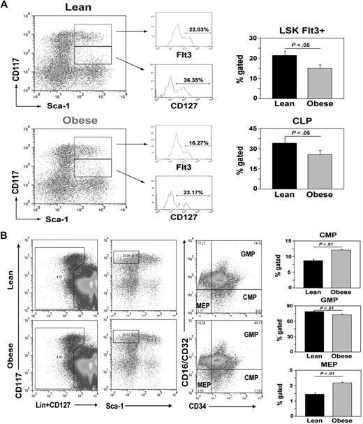 Figure 4. Obesity reduces lymphoid pool and increases myeloid progenitors. (A) BM cells from femurs of control and DIO mice (13 months of age; n = 6/group) were stained for lineage markers, CD117, Sca1, and CD127. A representative dot plot show gating strategy (on Linlo cells) and Flt3 expression to define MPP (Flt3+LSK) and CLPs (Lin−Sca1+CD117loCD127+) with CD127 expression depicted as histogram. (B) Flow cytometry analyses of BM cells from 13-month-old control and DIO mice. Obesity increases the subsets of CMPs (Lin−CD127−CD117hiSca1 CD34+CD16CD32−) and MEPs (Lin−CD127−CD117hiSca1−CD34−CD16CD32−) and significantly reduced (P < .05) GMPs (Lin−CD127−CD117hiSca1−CD34+CD16CD32+).