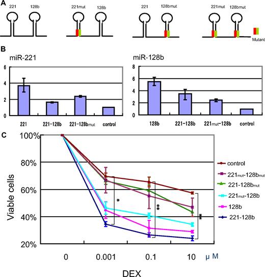 Figure 4. Cooperative effect of miR-128b and miR-221 on restoration of glucocorticoid sensitivity. (A) Schematic of the constructs coexpressing wild-type and mutant versions of miR-128b and miR-221. Green and orange lines represent miR-221mut or miR-128mut and its complement, respectively. (B) Expression levels of mature miR-221 (left panel) and miR-128b (right panel) in sorted GFP+ cells that are overexpressing a construct expressing just miR-221 (221) or miR-128b (128b), or the double expression constructs miR-221–miR-128b (221-128b), miR-221–miR-128bmut (221-128bmut), or miR-221mut–miR-128b (221mut-128b). Control cells express the vacant vector. (C) Sorted GFP+ cells expressing just miR-128b or the double expression constructs miR-221–miR-128b, miR-221–miR-128bmut, miR-221mut–miR-128b, or miR-221mut–miR-128bmut, or control (vacant vector) were treated with different concentrations of DEX for 40 hours, followed by FACS analysis as in Figure 1. The vertical axis is plotted as in Figure 1D. Three independent experiments were done. **P < .05, miR-221-miR-128b versus all other constructs, and miR-221mut–miR-128b versus miR-221mut-miR–128bmut. *P < .05, miR-221–miR-128b versus all other constructs except for miR-128b, and miR-221mut–miR-128b versus miR-221mut–miR-128bmut.