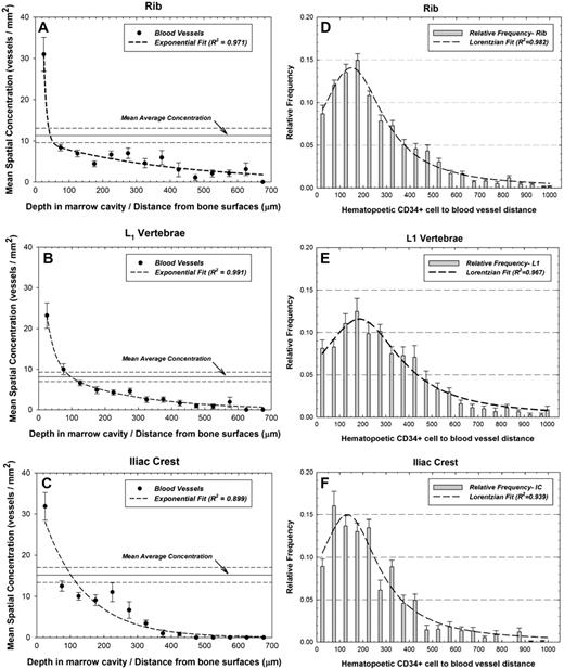 Figure 1. Spatial gradients of blood vessel fragments and cell-to-vessel distance frequencies. Mean areal concentrations of CD34+ vessels in active bone marrow as a function of distance into the marrow cavities of (A) ribs, (B) L1 vertebrae, and (C) iliac crest, and frequency distribution of distances separating pairs of hematopoietic cells and blood vessels within the marrow cavities of (D) ribs, (E) L1 vertebrae, and (F) iliac crest. Dashed line represents an exponential or Lorentzian fit to the data with R2 values shown. Also shown is the population mean average concentration (horizontal solid) ± 1σ (horizontal dashed).