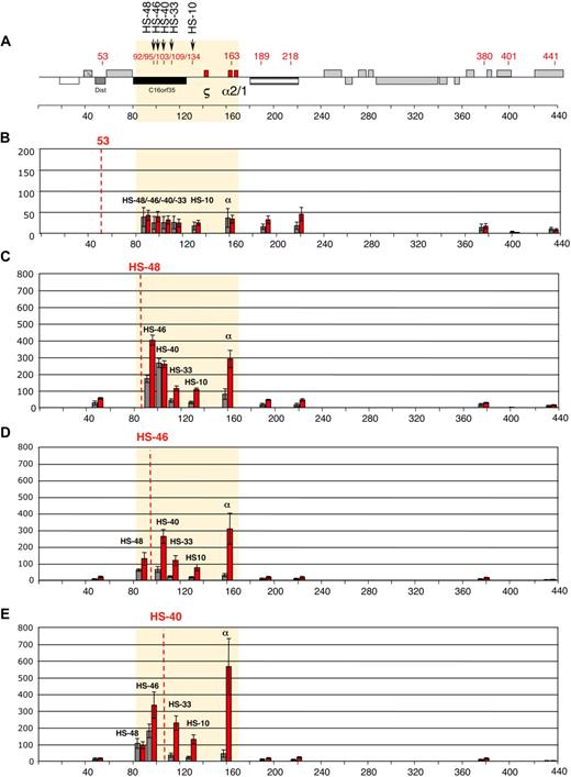 Figure 1. Intrachromosomal interactions, between the human α-globin genes and conserved upstream elements. (A) Chromosomal organization of the human α-globin locus annotated as previously described.23 Red numbers indicate the points (coordinates) analyzed by q3C. q3C assays were performed using HindIII-digested, fixed chromatin from primary T lymphocytes (gray bars) and primary erythroblasts (red bars), generating restriction fragments of 3 to 5 kb. This allowed us to use q3C to evaluate all interactions between the α-globin genes and a variety of points along the α-globin cluster, including all the remote upstream elements. Twelve restriction fragments located within (HS −48, HS −46, HS −40, HS −33, and HS −10 and the α-globin genes) or outside (fragments 53, 189, 218, 380, 401, and 441) the α-globin locus were chosen to determine the locus conformation (A). The shaded area corresponds to the region containing all sequences that interact with the α-globin genes (B-J). The bar chart (y-axis) shows the enrichment of PCR product (%) normalized to the enrichment within the human Ercc3 gene (= 100%). This provides an internal, genomic control for the cross-linking procedure and any general changes in nuclear or chromatin structure.24 These independent graphs represent a measure of the association between the points indicated (x-axis) to the anchor points (B) “fragment 53,” (C) HS −48, (D) HS −46, (E) HS −40, (F) HS −33, (G) HS −10, (H) α-globin genes, (I) “fragment 189,” and (J) “fragment 380.” For each new anchor point, a new Taqman probe and reverse primer were designed and thus results can be compared only within, but not between, each set of graphs. The resolution of this 3C assay can be estimated by comparing “positive” and “negative” restriction fragments located at a similar distance to their target. For example, the locus position 189 is located 26 kb downstream of α-globin and does not interact, whereas HS −10, located 26 kb upstream of α-globin, shows a 3-fold enrichment in erythroid cells (H). Data shown represent the average of a least 3 independent experiments using Taqman/real-time PCR. Error bars denote SEM. Each PCR was performed several times and averaged. Signals were normalized to the total amount of DNA used, estimated with an amplicon located within a HindIII fragment (Table 1). Coordinates of the points analyzed are indicated on the x-axis.