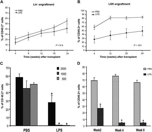 Figure 6. Septic HSPCs show functional defects in BM transplantation assays. C57BL/6J CD45.2 mice were injected intraperitoneally with LPS from P aeruginosa (0.8 mg/kg) or PBS. BM was harvested at 24 hours from injection, and Lin− or LSK cells, IL-7R− (to exclude contamination from CLPs), were sorted by FACS. Sorted populations were transplanted into irradiated CD45.1 donors, and engraftment was evaluated at each indicated time point by analysis of CD45.2+ cells in the peripheral blood. (A) A total of 2 × 105 Lin−CD45.2+ sorted cells were injected into a lethally irradiated CD45.1+ Boy/J recipient together with 3 × 105 Lin−CD45.1+ competitor cells. Line graph shows engraftment as percentage of CD45.2 cells during time. Values are average of 10 to 12 mice from 3 independent experiments. Bars indicate SE. P value is nonsignificant. (B) A total of 2500 LSK/CD45.2+ sorted cells were injected into a lethally irradiated CD45.1 Boy/J recipient together with 105 CD45.1+ competitor total BM cells. Line graph shows engraftment as percentage of CD45.2 cells during time. Values are average of 10 to 12 mice from 3 independent experiments. Bars indicate SE. *P < .001. (C) Bar graph shows level of donor engraftment in the PB at 4 weeks of transplantation in mice receiving decreasing doses (2500, 1000, 500) of LSK cells derived from PBS controls or LPS-challenged mice. Values are average of 5 to 8 mice. *P < .001. (D) PB cells were collected and stained with antibodies directed to the myeloid lineage. Bar graph shows percentages of donors Gr1+/CD45.2+ cells on total GR1+ cells (100%) at 2, 4, and 8 weeks from transplantation. Values are average of 8 to 12 mice. Error bars indicate SE. *P < .001.
