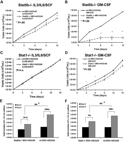 Figure 5. STAT5b and to a lesser extent STAT1 mediate massive leukemia stem cell expansion. (A-B) Cytokine stimulation assay of wild-type or Stat5b−/− murine bone marrow cells stably transduced with MN1+HOXA9. Cells were cultured in the presence of the indicated cytokines (6 ng/mL IL-3, 10 ng/mL IL-6, 20 ng/mL SCF, or 10 ng/mL GM-CSF), and viable cells were counted and replated every 3 days (mean ± SD, n = 3). (C-D) Cytokine stimulation assay of wild-type or Stat1−/− murine bone marrow cells stably transduced with MN1+HOXA9. Cells were cultured in the presence of the indicated cytokines (6 ng/mL IL-3, 10 n/mL IL-6, 20 ng/mL SCF, or 10 ng/mL GM-CSF), and viable cells were counted and replated every 3 days (mean ± SD, n = 3). (E) Consecutive limiting dilution assays for LIC (4 cell doses) before and after a 6-day culture period from wild-type compared with Stat5b−/− bone marrow cells expressing MN1+HOXA9. Cells were cultured ex vivo for infection and selection for 16 days (corresponds to day 0 of expansion experiment), and 105 cells were plated on day 0. LIC frequency was calculated by Poisson statistics. (F) Consecutive limiting dilution assays for LIC (4 cell doses) before and after a 6-day culture period from wild-type compared with Stat1−/− bone marrow cells expressing MN1+HOXA9. Cells were cultured ex vivo for infection and selection for 16 days (corresponds to day 0 of expansion experiment), and 105 cells were plated on day 0. LIC frequency was calculated by Poisson statistics. *P < .01 for day-6 LIC frequency MN1+HOXA9 in null versus MN1+HOXA9 in wild-type cells.