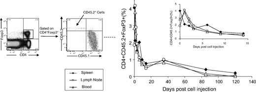 Figure 6. Engraftment of CD45.2+ Tregs isolated from FVIII plasmid-treated HemA/Foxp3-Tg mice in CD45.1+HemA mice. A total of 3 × 106 T cells was isolated from CD45.2+HemA/Foxp3-Tg mice (n = 22 with 2 mice per time point) 2 weeks after FVIII plasmid treatment, and adoptively transferred into CD45.1+HemA mice at day 0. The recipient mice were subsequently challenged with 100 μg of FVIII plasmid by hydrodynamic injection at day 1. Single-cell suspensions were prepared from spleens, lymph nodes, and peripheral blood of recipient mice after adoptive transfer at different time points. The cells were stained with CD4, CD45.1, CD45.2, CD25, Foxp3, and CTLA4 markers. The percentages of engrafted CD4+Foxp3+CD45.2+T cells were evaluated over 120 days. Insert shows the time curve over 14 days (spleen, ♦; lymph node, ○; peripheral blood, Δ).
