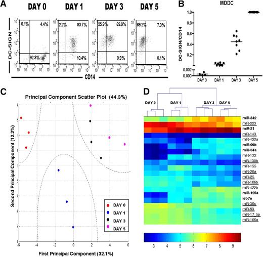 Figure 1. MDDCs exhibit unique stage-specific patterns in miRNA expression. (A) Flow cytometric analysis showing cell surface phenotype during MDDC differentiation. Monocytes and DCs can be distinguished by their CD14 and DC-SIGN expression profiles. Data from one representative donor (of 3) are shown. (B) Quantification of DC-SIGN/CD14 expression ratios in 5 independent donors from 7 independent experiments. Ratios at day 0 were measured in 4 of 7 independent experiments. Ratios at days 1, 3, and 5 were measured in 7 of 7 independent experiments. Ratios were calculated using MFI of DC-SIGN/ MFI of CD14 and normalized to the day 5 ratio of each donor, which was set at 1.0. (C) PCA of all 389 miRNA probes shows distinct clustering of expression profiles from day 0, 1, 3, and 5 differentiated monocytes. First and second principal components, represented on the x-axis and y-axis, respectively, account for approximately 32% and 12% of the variability between the various samples. Different time points (in 3 different donors; each represented by one circle) are represented by the indicated colors. (D) Hierarchical clustering of statistically significant differential miRNAs (human miRNAs) with analysis of variance (P < .005). Boldface type represents upregulated miRNAs. Downregulated miRNAs are underlined. Remaining miRNAs have sinusoidal expression. Clustering on the top represents the relationships between the various time points, and each column in a given day represents an independent donor. Color legend indicates relative log scale intensity of expression.
