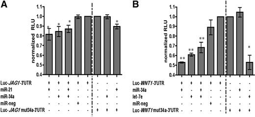Figure 4. WNT1 and JAG1 are target genes of miR-21, miR-34a, and let-7e. Luciferase reporter gene assays of vector constructs with (A) JAG1-3′-UTR (left of dotted line) and JAG1mut 34a-3′-UTR (right of dotted line) or (B) WNT1-3′-UTR (left side) and WNT1mut34a-3′-UTR (right side) in the absence or presence of the indicated miRNAs. The luciferase expression of each vector used was set to 1 and used for normalization of all the respective assays. The negative miRNA control is nontargeting, having no sequence homology to the human genome. Error bars represent SEM from 3 independent experiments. P values (above each bar) were calculated using a paired t test comparison of the condition with the no miRNA condition: *P < .05; **P < .01; ***P < .001.