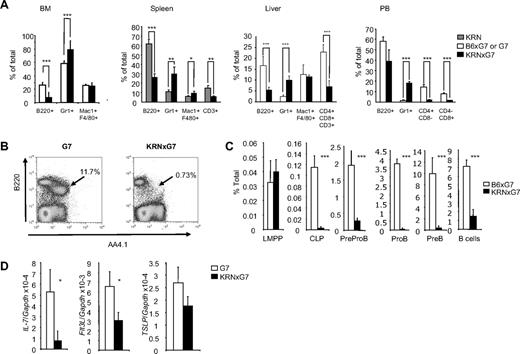 Figure 3. Characterization of mature cells and B-cell development defect in KRNxG7 mice. (A) Systemic increase in myeloid cells and decrease in lymphoid cells. BM, spleen, liver, and PB cells were harvested from 6- to 8-week-old KRNxG7 and control (KRN, G7, or B6xG7) mice, stained for the indicated lineage markers, and analyzed by flow cytometry. B220 is a B-cell marker, Gr1 stains granulocytes and monocyte populations, Mac1 and F480 combination stains macrophages, and CD3, CD4, and CD8 stain T cells. Shown is the mean for 3 to 11 mice analyzed per strain for each tissue. (B) FACS plot for B-cell precursors in BM. BM cells from KRNxG7 or G7 controls are stained for B220 and AA4.1 (a marker for B-cell precursors). B-cell precursors (B220loAA4.1+; arrow) are virtually depleted in KRNxG7 BM, whereas most of the residual cells are B220hi and IgM+ (IgM staining not shown). (C) Systematic analysis of BM B-cell development. FACS determined frequency of various B-cell precursors from earliest (left) to the latest (right) are shown. Lymphoid primed multipotential progenitor (Kit+Sca1+Lin−Flk2hiCD34+), CLP (Lin−Flk2+IL-7Rα+), PreproB (B220+IgM−CD19−CD43+NK1.1−CD11c−), ProB (B220+IgM−CD19+CD43+), PreB (B220+IgM−CD19+CD43−), and B cells (B220+IgM+). We confirmed that Lin−Flk2+IL-7Rα+ CLPs were almost predominantly KitloSca1lo (data not shown) as previously reported.19,20 (D) Expression of various B lymphopoiesis promoting cytokines in whole marrow. Expression was determined by quantitative real-time PCR, followed by normalization to GAPDH. IL-7, Flt3-L (ligand for Flk2), thymic stromal lymphopoietin (TSLP). *P < .05. **P < .01. ***P < .001.