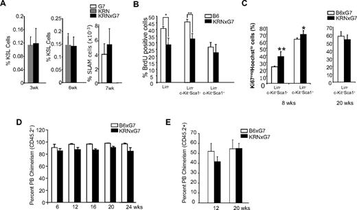 Figure 4. Hematopoietic stem cells are not impaired in KRNxG7 mice. (A) Immunophenotypic analyses of HSC containing populations. BM from 3-, 6-, and 7-week-old KRN, B6xG7, and KRNxG7 mice were subjected to FACS analyses for cKit, Sca1, and lineage or CD150, CD48, and CD41 markers. The frequency ± SD of KSL or SLAM is shown on the y-axis (n ≥ 4). (B) Cell-cycle analysis of BM subpopulations. Six- to 8-week-old mice were injected with a single dose of BrdU proportionate to body mass for 2 to 3 hours before death. Different BM fractions were analyzed for BrdU incorporation by flow cytometry. Shown is the mean ± SD of BrdU+ cells for each population for 2 independent experiments (n = 4 or 5 total mice). (C) Quiescent fraction analysis of BM KSL cells. BM cells from KRNxG7 and B6xG7 mice (n = 4 or 5) of different ages were lineage depleted, surface stained for c-Kit and Sca-1, and subjected to intracellular staining for Ki-67 and Hoechst (supplemental Figure 5). Quiescent cells do not express Ki-67 (Ki-67−) and stain low for Hoechst because of their 2N DNA content (vs 4N DNA content of S/G2/M phase cells). Ki-67−Hoechstlow (quiescent cell) fraction of the stem cell–enriched Lin−c-Kit+Sca1+ (KSL) population and the non–stem cell–enriched Lin−cKit+Sca1− population are shown. As expected, KSL cells are more quiescent than Lin−cKit+Sca1− progenitors. However, there is no appreciable difference in quiescent fraction in KRNxG7 KSL cells compared with B6xG7 KSL cells. (D) B6xG7 (CD45.2xCD45.2) or KRNxG7 (CD45.2xCD45.2) BM was transplanted into lethally irradiated B6xG7 (CD45.1xCD45.2) recipients. PB was analyzed for donor contribution (CD45.2) every 6 weeks after BM transplantation for 6 months. The percentage ± SD of CD45.2+ chimerism is shown on the y-axis (n = 4/genotype). (E) B6xG7 (CD45.2+) or KRNxG7 (CD45.2+) BM cells (2 × 105) were mixed with B6xG7 (CD45.1+; CD45.2+) competitor BM cells (2 × 105) and injected intravenously into lethally irradiated (1000 cGy) B6xG7 (CD45.1xCD45.2) recipient mice. PB CD45.2+ cells of were analyzed 3 months and 5 months after transplantation. Data represent the average percentages of PB chimerism ± SEM. *P < .05. **P < .01.