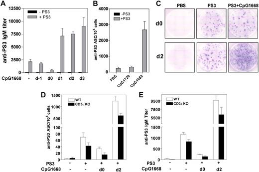 Figure 1. T-independent boost of the primary Ab response to the PS3 vaccine by CpG1668. (A) Kinetics of CpG1668 administration. C57BL/6 mice (5 per group) were immunized with PBS or PS3 and injected with CpG1668 at the time of immunization (d0); 1 day before immunization (d−1); 1, 2, or 3 days after immunization (d1, d2, and d3). The anti-PS3 IgM titers were determined by ELISA from sera collected at day 7 after immunization. (B) Effect of delayed administration of CpG1668 on the PS3-specific ASC frequency in the spleen. Mice were injected subcutaneously with PBS or PS3 and injected 2 days later with either CpG1668 or CpG1720, as a negative control. Splenocytes were collected at day 5 after immunization, and PS3-specific ASCs were determined by ELISPOT. (C) Visualization of PS3-specific ASCs in ELISPOT wells from splenocytes of PS3-immunized C57BL/6 mice injected CpG1668 either at day 0 (top) or 2 days later (bottom). (D-E) WT and CD3 KO mice (5 per group) were immunized with PS3 and injected or not with CpG1668: at the time of immunization (d0) or 2 days (d2) after immunization. Spleens from each group were collected 5 days after immunization, and ASC numbers were determined by ELISPOT (D). Sera from each group were collected 5 days after immunization, and titers were determined by ELISA (E). Results are expressed as means ± SEM of the values collected in 5 individual mice.