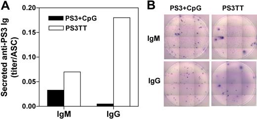 Figure 5. Secretion capacity of BM plasma cells generated in response to the CpG-adjuvanted PS3- and PS3TT-conjugated vaccine. Seven- to 10-week-old mice (10 per group) were immunized with PS3 and injected 2 days later with CpG1668 or twice with PS3TT at a 21-day interval. Two weeks after immunization, CD138+ BM cells were enriched by positive selection and seeded both in ELISPOT plates for 24 hours (to assess the number of PS3-specific IgM and IgG ASCs) and in cell culture plates for 5 days (to assess the level of PS3-specific IgM and IgG secretions). (A) Secretion capacity of BM plasma cells expressed as the mean of the titer/ASCs of triplicate determinations for both type of immunizations. One of 2 representative experiments is shown. (B) Photos of ELISPOT wells showing the difference of spot size generated after immunization with CpG-adjuvanted PS3 or PS3TT.