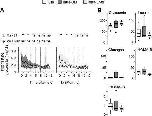 Figure 3. Graft survival and long-term glucose metabolism after islet transplantation in BM and liver. (A) Blood glucose profile of normal C57BL/6 mice (Ctrl, white; n = 11), and mice that achieved normoglycemia after receiving islets intra-BM (dark gray; n = 47) or intraliver (gray; n = 32). Data are expressed as mean (line) and ±1 SD (area). aStatistical analysis was performed by tests of repeated measures ANOVA considering intervals of 2 months. bStatistical analysis was performed by tests of repeated measures ANOVA adjusted for islet number considering intervals of 2 months. *P < .05; **P > .001; ns = not significant. (B) Fasting glycemia (mg/dL), insulin (pM), glucagon (pM), β-cell function (HOMA2-B, %), and insulin resistance (HOMA-IR) in normal C57BL/6 mice (Ctrl, white), and mice that achieved normoglycemia after receiving islets intra-BM (dark gray; n = 47) or intraliver (gray; n = 32). Assays were performed 6 to 9 months after islet infusion. Data are expressed as box plots. Statistical analysis was performed using 1-way ANOVA test, followed by Bonferroni post hoc t test. *P < .05; **P < .001.