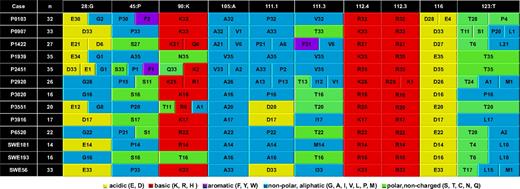 Figure 4. Recurrent (“stereotyped”) AA changes among sets of subcloned sequences from subset 4 cases. Recurrent AA changes among subcloned sequences were observed in certain codons throughout the VH domain (IMGT unique codon numbering); such changes could be considered as “stereotyped,” in the sense that different cases could share the same AA in several subcloned sequences. AAs are represented by a single-letter code. The number of subcloned sequences containing a certain AA is indicated after the single-letter code for each AA.