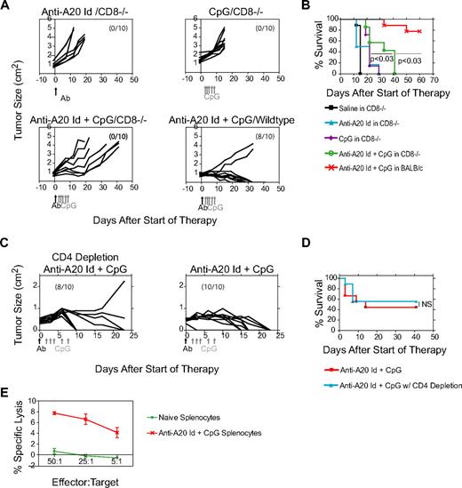 Figure 5. Anti-A20 Id mAb + CpG combination therapy cures large established A20 tumors using a CD8-dependent, CD4-independent mechanism. (A-B) CD8−/− mice were inoculated with 106 A20 tumor cells. When tumors reached 1 cm2 (day 0), mice were treated once intraperitoneally with anti-A20 Id mAb. CpG was given intratumorally on days 2, 3, 4, 6, and 8. Numbers in parentheses indicate animals cured by therapy. Each line in panel B represents a group consisting of 10 mice. (C-D) Balb/c mice were inoculated with 106 A20 tumor cells. Anti-CD4 mAb was administered on days −3, −2, −1, 7, 14, 28, and 35. When tumors reached 1 cm2 (day 0), mice were treated once intraperitoneally with anti-A20 Id mAb. CpG was given intratumorally on days 2, 3, 4, 6, and 8. Numbers in parentheses indicate animals cured by therapy. Each line in panel D represents a group consisting of 10 mice. (E) Splenocytes were isolated from naive mice or from tumor-bearing mice that were cured with anti-A20 Id mAb + CpG and had survived for 100 days. Splenocytes were used as effecter cells against 51Cr-labeled A20 target cells at the indicated ratio for 4 hours, and specific release of 51Cr was measured. Each line is representative of 4 mice.