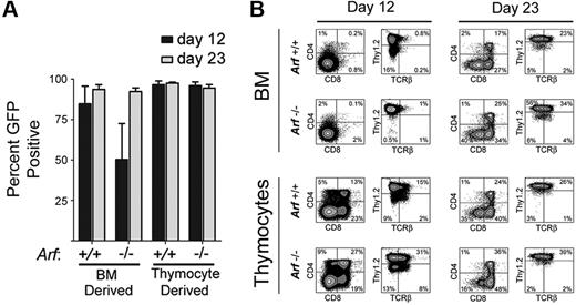 Figure 1. Emergence of GFP+ cells and their immunophenotypes on day 12 and day 23 of culture. (A) Cells derived from 5-FU–conditioned bone marrow (BM) or from thymocytes explanted from mice of the indicated Arf genotypes (labeled at bottom) were transduced with a vector encoding ICN1 and GFP in cis and cultured on OP9 stroma with cytokine support. Cultured cells expanded exponentially and underwent 25 to 30 population doublings over a period of 36 days (supplemental Figure 1). The percentage of GFP+ cells in the cultures was determined at day 12 and day 23. The results of 3 experiments are shown, and error bars indicate SDs. (B) After 12 and 23 days of culture (indicated at the top of the panels) the percentages of GFP+ cells that expressed CD4 and CD8 or Thy1.2 and TCRβ were determined using an automated cell sorter. The percentages of cells expressing each marker are indicated in at least 3 of the 4 quadrants of each panel. The origin of donor cells and their Arf genotypes are indicated to the left.