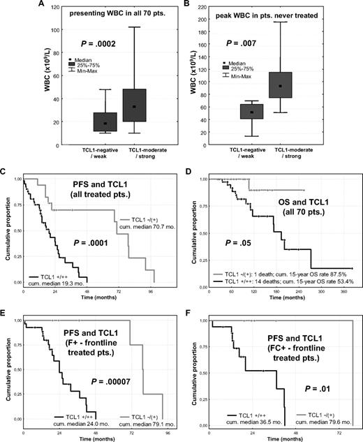 Figure 5. Higher TCL1 expression is associated with higher WBC and predicts poor clinical outcome, regardless of treatment. (A) Median and range of WBC at diagnosis in all 70 patients were significantly higher in CLLs with moderate or strong TCL1 expression compared with the TCL1-dim/negative cases. (B) Among untreated patients, CLL cases that strongly expressed TCL1 developed higher peak WBCs. (C) Higher TCL1 levels correlated with shorter PFS among all 59 treated patients and (D) with shorter OS in all 70 cases studied in culture. (E) PFS was shorter for patients with high-level TCL1 carrying tumors for both the 34 cases treated upfront with 1- or 2-drug fludarabine-containing regimens and (F) for the 22 cases treated with frontline 3- or 4-drug chemo-immunotherapy regimens.