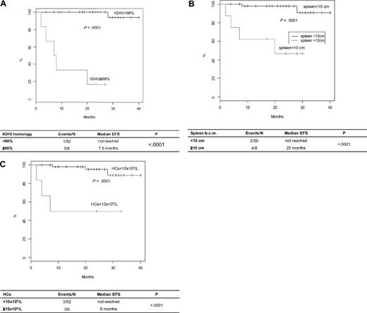 Figure 1. EFS of HCL patients treated with cladribine according to prognostic parameters. (A) EFS in UM-HCL versus M-HCL. (B) EFS in HCL with large splenomegaly versus HCL without large splenomegaly. (C) EFS in HCL with leukocytosis versus HCL without leukocytosis.