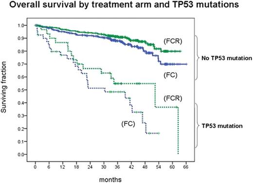 Fig. 1. Overall survival of patients in the CLL8 trial based on treatment arm and presence / absence of TP53 mutation.