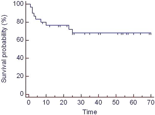 Figure 1:. Overall survival (whole study population, n=30) since study inclusion, time in months