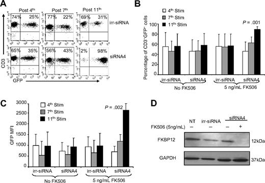Figure 2. Selection of EBV-CTLs with a silenced FKBP12 occurs in the presence of FK506. EBV-CTLs were transduced with either the pSUPER.eGFP vector encoding the irrelevant siRNA (irr-siRNA) or pSUPER.eGFP encoding siRNA4. (A) GFP expression (as measure of transduction) of irr-siRNA+ (top plots) and siRNA4+ (bottom plots) EBV-CTLs stimulated with irradiated EBV-LCLs in the presence of IL-2 (20 U/mL) and FK506 (5 ng/mL) in a representative donor. The plots show a progressive increase of GFP+ cells for siRNA4+ CTLs, whereas the percentage of GFP+ cells is stable for irr-siRNA+ CTLs. (B) The data for the percentage of GFP+ cells for 6 CTL lines. Bars represent mean ± SD. Shown is the percentage of GFP+ cells after the 4th, 7th, and 11th stimulations, which significantly increased over time only for siRNA4+ EBV-CTLs, whereas it remained stable for irr-siRNA+ EBV-CTLs. (C) The MFI of GFP+ cells significantly increased in siRNA4+ EBV-CTLs compared with irr-siRNA+ cells when cells were maintained in culture in the presence of FK506. Bars represent mean ± SD for 6 CTL lines. (D) The expression of FKBP12 in NT and irr-siRNA+ EBV-CTLs and in siRNA4+ EBV-CTLs after 5 weeks in culture in the absence or in the presence of FK506, as assessed by WB. FKBP12 is completely undetectable by WB in siRNA4+ EBV-CTLs cultured in the presence of FK506.