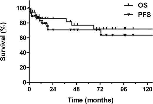 Figure 1. Overall survival (OS) and progression-free survival (PFS) among all the pediatric patients with extranodal nasal-type NK/T-cell lymphoma.