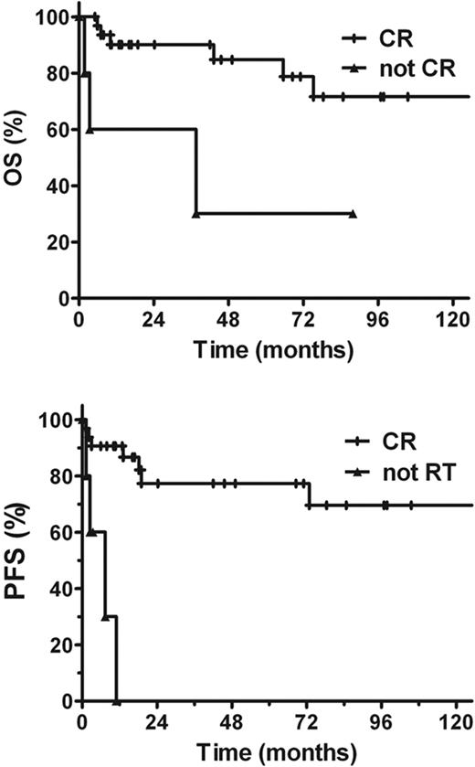 Figure 2. Overall survival (OS) and progression-free survival (PFS) among the patients who achieved complete response (CR) and the patients who did not achieve CR.