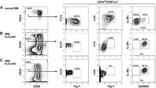 Figure 1. Stem and progenitor analysis of normal and AML bone marrow cells. Representative phenotype of the bone marrow cells in a normal control (A), FLT3-WT AML (B), and FLT3-ITD AML (C). Human CD34+CD38− cells are enriched for normal HSCs with long-term reconstitution activity, and are Thy-1+FLT3loc-KIT+IL-3R+CD45RA−. In contrast, CD34+CD38− AML LSCs were Thy-1− and expressed a high level of FLT3 compared with normal HSCs. The LSCs expressed a variety of levels of c-KIT, and were IL-3R+CD45RA+, resembling GMPs' phenotype. No significant difference in expression level of these molecules was found between FLT3-ITD and FLT3-WT AML LSCs.