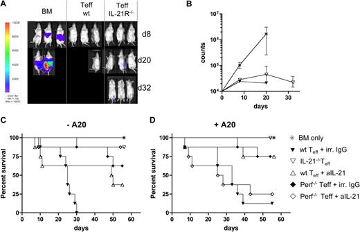 Figure 7. Loss of IL-21 signaling on donor T cells does not eliminate GVL activity. Lethally irradiated Balb/c recipients were injected with T cell–depleted bone marrow and 105 A20 lymphoma cells on day 0. Subgroups received 2 × 106 CD25− T cells from wt or IL-21R−/− mice also on day 0. (A) Tumor growth was monitored by luciferase imaging on days 8, 20, and 32 after BMT. (B) Photon counts of BM-only recipients (*), recipients of BM + wt T-effector cells (▾), and BM + IL-21−/− cells (▿) on days 8, 20, and 32. (C) Survival of lethally irradiated Balb/c recipients injected with T cell–depleted bone marrow alone (*) or together with 2 × 106 CD25− T cells from wt B6 mice treated with irrelevant (irr) IgG (▾) or aIL-21 Ab (▵), or with 2 × 106 CD25− T cells from IL-21−/− (▿) or perforin−/− mice treated with irr IgG (♦) or aIL-21 Ab (◇; P < .001 for ▾ versus ▿, ▾ versus ♦, and ▾ versus ◇; P < .05 for ▾ versus ▿, ▿ versus ◇; P = ns for all others). (D) Survival of the same recipients as in panel C, but coinjected with 105 A20 lymphoma cells (P ≤ .001 for ▾ versus ▿; P < .05 for ▾ versus ▵, ♦ versus ◇, and ▾ versus ♦; P = ns for all others). Data from 2 experiments with a total of 8 (A-B) and 7 (C-D) mice per group.