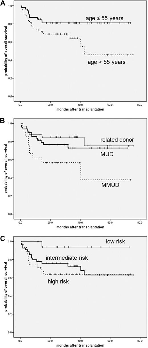 Figure 1. Survival of patients with myelofibrosis after reduced-intensity allogeneic stem cell transplantation. According to age (A), donor (B), and Lille risk profile (C).