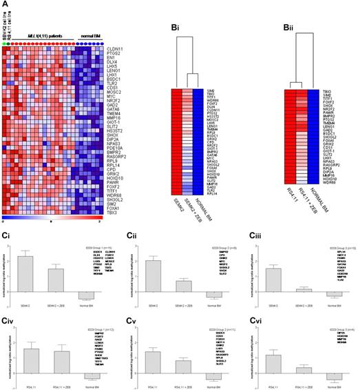 Figure 4. ALL cell lines as models for (de)methylation. (A) Heatmap showing methylation levels in the t(4;11)-positive B-ALL cell lines SEMK2 (light green dot) and RS4;11 (dark green dot) of genes most significantly methylated in t(4;11)-positive infant ALL patients (red dots) compared with normal bone marrow (blue dots). (B) Heatmaps showing methylation levels of these genes after exposure to zebularine. These methylation levels were compared with the average methylation levels as determined from normal bone marrow samples (n = 7). (Bi) SEMK2 cell line and (Bii) RS4;11 cell line. (Ci-vi) Graphs displaying the mean and the standard error of the mean of changes in methylation levels after zebularine exposure. Genes were divided into 3 groups for each cell line according to the degree of responsiveness to zebularine. (Ci-iii) SEMK2 cell line; (Civ-vi) RS4;11 cell line.
