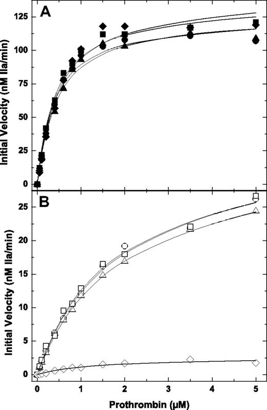 Figure 2. Prothrombin activation in the presence or absence of PCPS. The initial velocity of thrombin generation was determined at increasing concentrations of prothrombin in the presence (A) or absence (B) of 50 μM PCPS and 3 μM DAPA with 0.1 nM pt-FXa and 20 nM hFV-810 (⧫ or ◊), pt-rFV (● or ○), pt-rFV-QQ (▲ or △), or pt-rFVa (■ or □). The lines were drawn after analysis of all datasets to a rectangular hyperbola, and the fitted kinetic constants can be found in Table 1. The data are representative of 2 similar experiments.