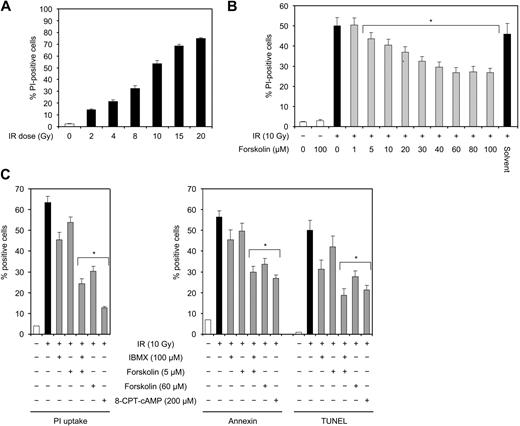 Figure 1. IR induces dose-dependent cell death in Reh cells that can be inhibited by forskolin. (A) Reh cells were irradiated with the indicated doses of IR and cultured for 24 hours before cell death analysis by PI staining (n = 4). (B) Reh cells were treated with the indicated doses of forskolin or solvent (dimethyl sulfoxide corresponding to 60 μM forskolin) 30 minutes before irradiation with 10 Gy. After 24 hours of incubation, cell death was assessed by PI staining (n = 4). *P < .01 relative to cells treated with IR only. (C) Reh cells were treated with or without IBMX, forskolin, or 8-CPT-cAMP for 90 minutes (IBMX) or 45 minutes (forskolin, 8-CPT-cAMP) before exposure to 10 Gy IR. After 18 hours, cells were analyzed for PI uptake, annexin V binding, and TUNEL positivity by FACS (n = 4). *P < .01 relative to cells treated with IR only.
