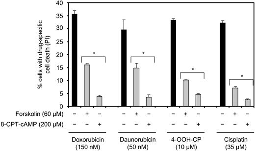 Figure 3. cAMP inhibits cell death induced by DNA-damaging chemotherapeutic drugs. Reh cells were treated with or without forskolin or 8-CPT-cAMP for 30 minutes before addition of doxorubicin, daunorubicin, 4-OOH-CP, or cisplatin. Cells were then cultured for 18 hours before PI staining and FACS analysis (n = 4). *P < .01 compared with the corresponding samples treated with chemotherapeutics alone.