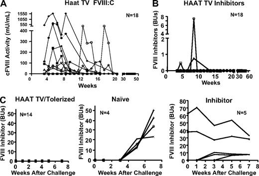 Figure 4. Evaluation of induction of tolerance to cFVIII in mice treated with Lenti-HCR/hAAT-cFVIII. (A) BALB/c neonatal mice (n = 18) were infused with 2 × 107 IU of Lenti-HCR/hAAT-cFVIII via the temporal vein, and levels of plasma cFVIII activity were assayed over the 58-week duration of the experiment. (B) Levels of anti-FVIII inhibitory antibodies were assayed. (C) Hemophilia A mice infused as neonates with Lenti-HCR/hAAT-cFVIII via temporal vein injection were challenged with 4 weekly intravenous infusions of recombinant cFVIII. These mice no longer expressed cFVIII at the time of challenge. Levels of anti-FVIII inhibitory antibodies were assayed. Hemophilia mice that received gene transfer as neonates are referred to as HAAT TV/Tolerized, and mice that did not receive gene transfer, but were challenged in a similar manner, are labeled naive. Hemophilia A mice treated via temporal vein injection with Lenti-CMV-cFVIII as neonates were challenged with the same intravenous cFVIII protocol and are labeled inhibitor. Inhibitor levels were measured at 0, 1, 3, 5, and 7 weeks after the first cFVIII injection.