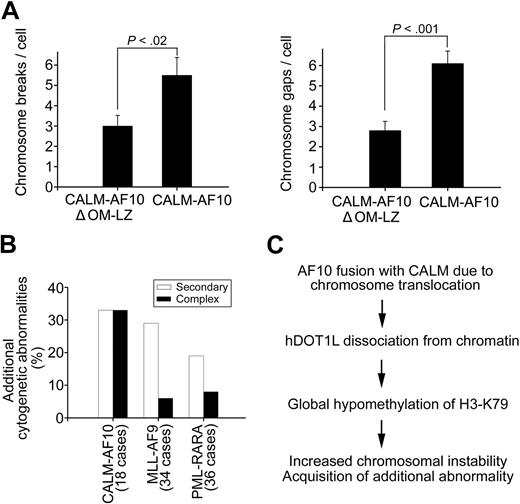 Figure 7. CALM-AF10 fusion induces chromosomal instability. (A) Hypomethylated cells display increased chromosomal instability. T-REx-293 cells expressing CALM-AF10 (H3K79 hypomethylation) or CALM-AF10ΔOM-LZ (normal H3K79 methylation) were irradiated at 2 Gy, and the average number of chromosome breaks (left panel) and chromosome gaps (right panel) per metaphase spread was determined 1 hour after irradiation. (B) CALM-AF10–positive patients show more additional cytogenetic abnormalities than patients with an MLL-AF9 or a PML-RARA fusion. Percentages of cases with a secondary (one additional rearrangement to the primary translocation) and complex (2 or more additional rearrangements) cytogenetic abnormalities were calculated. (C) Model for chromosomal instability in association with CALM-AF10 translocations.