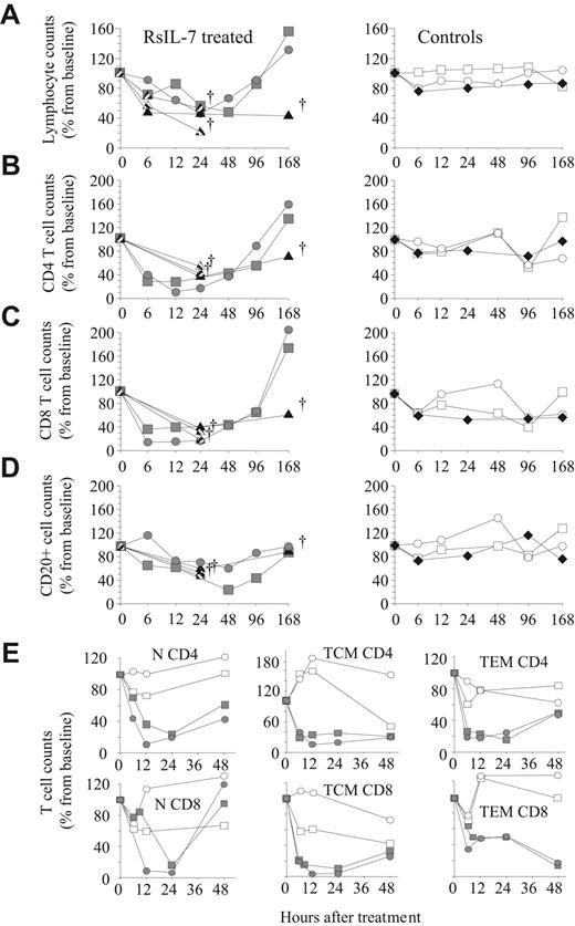 Figure 1. Injection of R-sIL-7gly rapidly induces major circulating T-cell loss in healthy rhesus macaques. Total lymphocyte (A), CD4+ T-cell (B), CD8+ T-cell (C), and CD20+ B-cell counts (D) were measured over 1 to 7 days in 5 R-sIL-7gly–injected healthy rhesus macaques (no. 14424, ; no. 14694, ; no. 26007-2 and no. 41127-2, ; no. 40885-2, ▲; left panels), in 2 untreated control animals (no. 21045 and no. 26007, ○ and □; right panels), and in an animal previously immunized against simian IL-7 and presenting high levels of neutralizing antibodies that also received R-sIL-7 at day 0 (no. 17021, ♦; right panels). Three monkeys were killed at day 1 (no. 26007-2 and no. 41127-2) or at day 7 (no. 40885-2). Compared with baseline, lymphocyte counts drop reached statistical significance at H24 (P < .05), whereas both CD4+ and CD8+ counts were significantly reduced at H6, H12 (P < .01), H24, and H48 (P < .05). (E) Evolution of naive, central memory, and effector memory CD4+ and CD8+ T-cell counts in R-sIL-7gly–injected rhesus macaques (no. 14424 and no. 14694, and ) and untreated controls (no. 21045 and no. 26007, ○ and □).