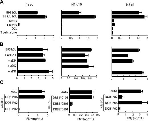 Figure 2. Functional analysis of LCL-reactive CD4+ T-cell clones isolated from EBV-seropositive (P1) and EBV-seronegative (N1 and N3) donors. (A) T cells (104 cells/well) were cocultured overnight with standard numbers (5 × 104 cells/well) of autologous B95.8 and BZ k/o LCLs, CD40L-activated B lymphoblasts (B blasts), PHA-activated T lymphoblasts (T blasts), and dendritic cells (DCs) all grown in human serum. (B) Autologous LCLs were incubated for 1 hour in the presence of mAb to HLA class I (aHLA I), HLA-DP (aDP), HLA-DQ (aDQ), HLA-DR (aDR), or medium as a control (B95 LCL) before the addition of T cells to the assay. (C) T cells were cocultured overnight (as in panel A) with cells of the autologous B95.8 LCL (Auto) and of partially HLA class II–matched allogeneic LCLs (Allo LCLs), for which the matched allele is shown in each case. All results shown are the mean ± 1 SD of triplicate wells in which IFNγ release into the supernatant medium was determined by ELISA (in ng/mL). Results are representative of those seen on 3 occasions of testing and include only a subset of the total number of target LCLs tested.